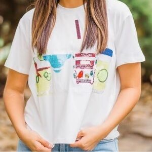 QUEEN OF SPARKLES White Graphic Tee with Sequin Drink Design